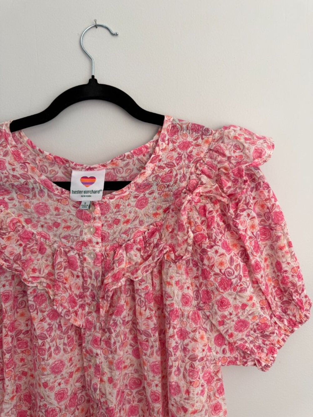 Hester & Orchard Pink Floral Ruffle Button Up Blouse 100% Cotton Feminine - Picture 2 of 11